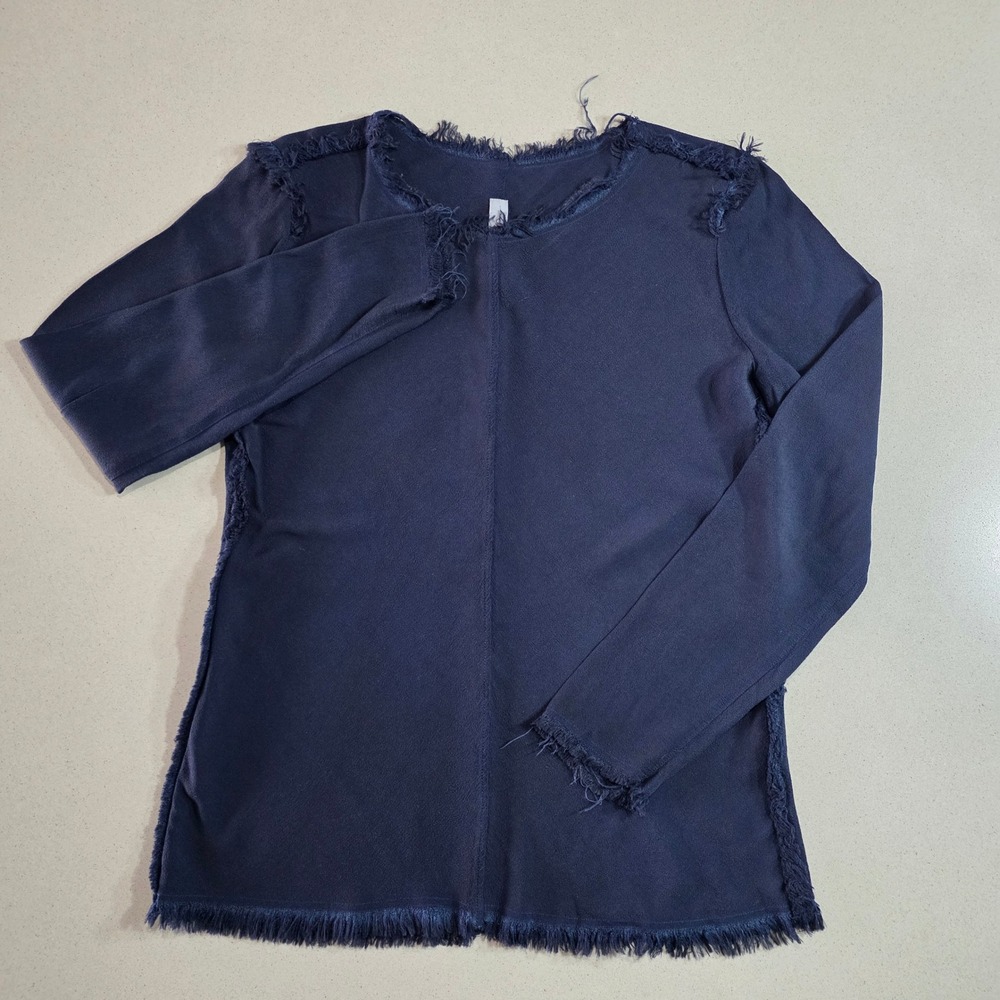 CP Shades Allegra Navy Blue Frayed Rayon Long Sleeve Top Blouse Made in USA